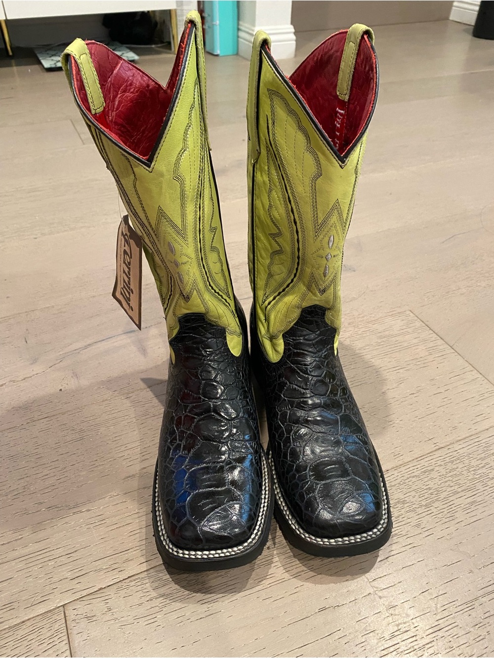 Ferrini Black Croc Toe Cowboy Boots with Yellow Shaft